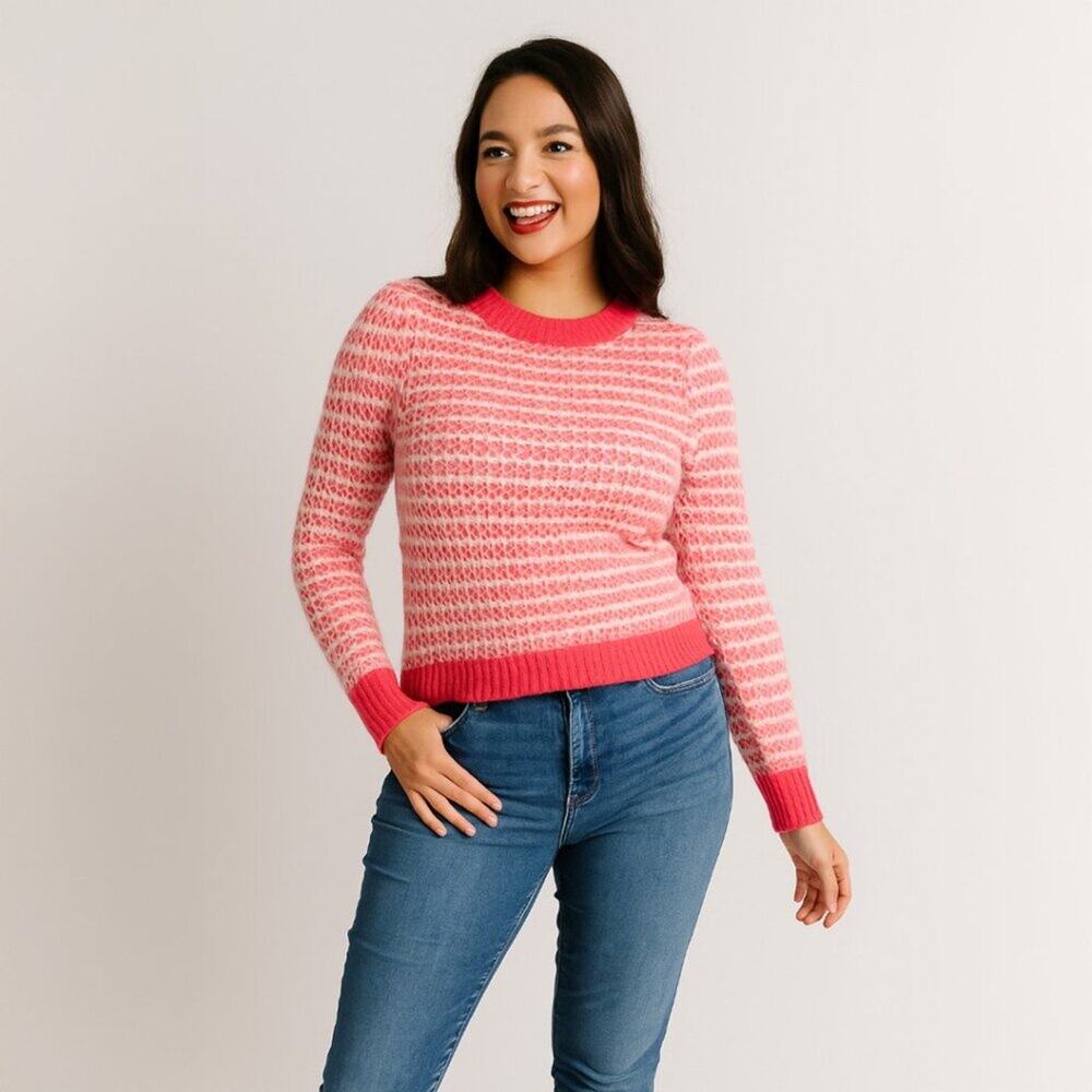 * A311 • Pink Ivory Striped Textured Open Knit Crewneck Sweater